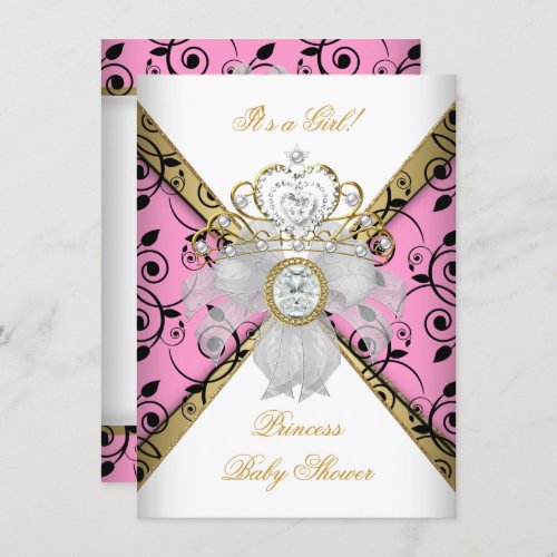 Baby Shower Girl Pink Princess Damask Black Invitation