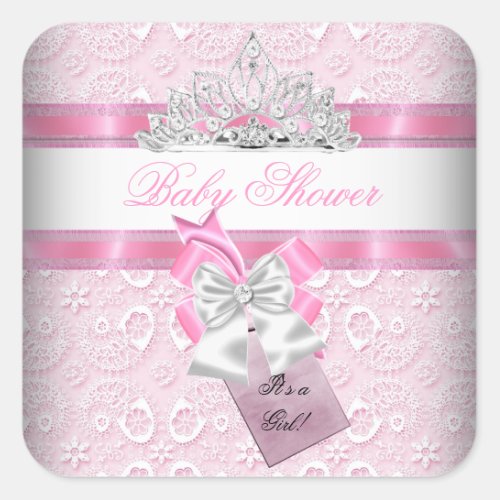 Baby Shower Girl Pink Princess Tiara Square Sticker
