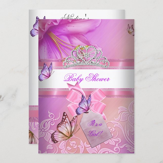 Baby Shower Girl Pink Purple Princess Butterfly 2 Invitation (Front/Back)