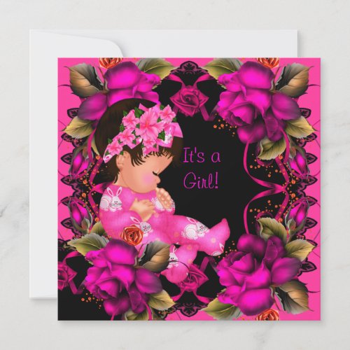 Baby Shower Girl Pink Rose Flowers 2 Personalized Announcements