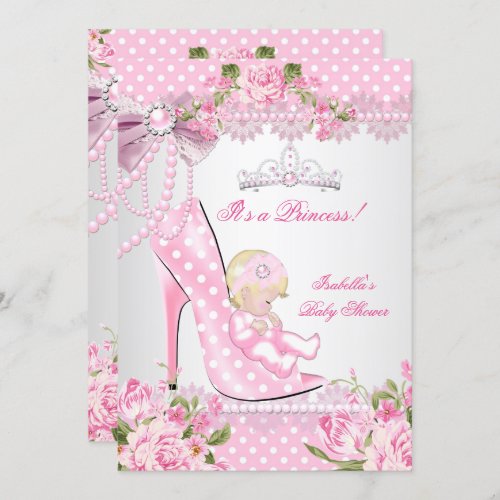 Baby Shower Girl Pink Rose Polka Dots High Heels B Invitation