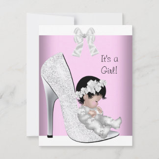 Baby Shower Girl Pink Silver White Glitter Shoe Invitation