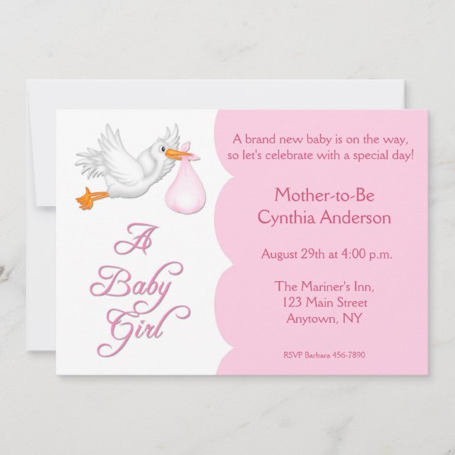 Baby Shower Girl Pink Stork Invitation (Front)
