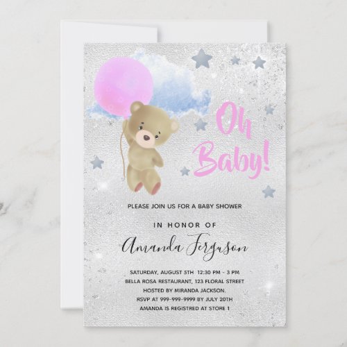 Baby shower girl pink teddy bear silver invitation