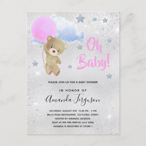 Baby shower girl pink teddy bear silver invitation postcard