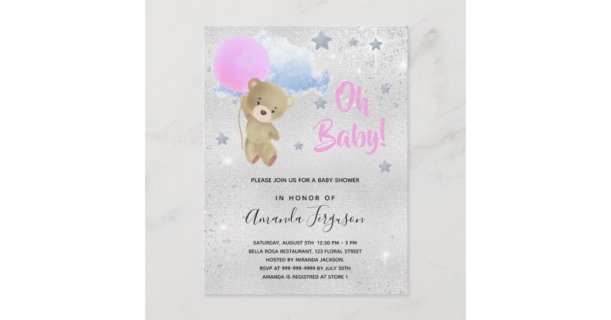 Baby shower girl pink teddy bear silver invitation postcard | Zazzle