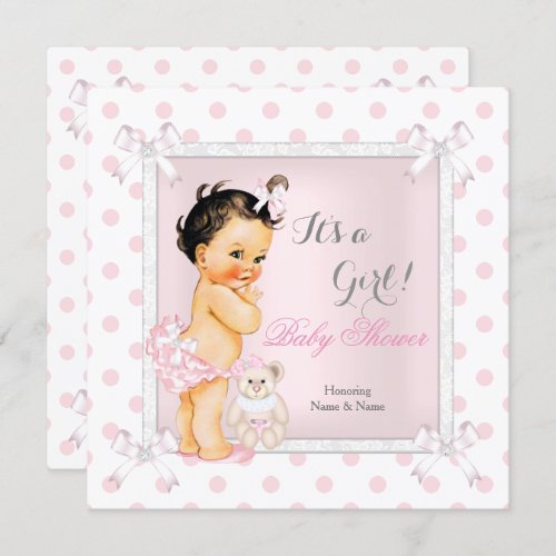 Baby Shower Girl Pink Toy Polka Dot Brunette Invitation