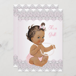 Baby Shower Girl Pink White Lace Pearl Brunette Invitation