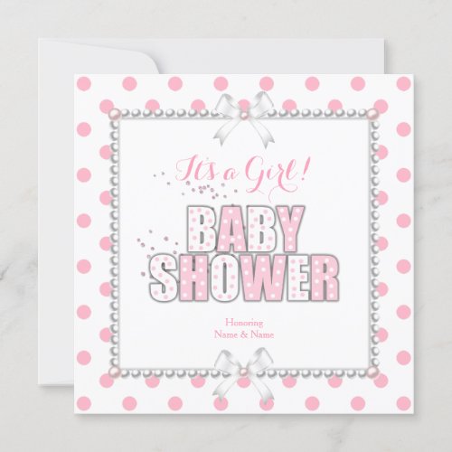Baby Shower Girl Pink White Polka Dots Pearls Invitation