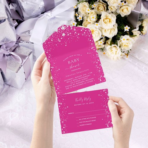 Baby Shower girl pink white stars RSVP All In One Invitation