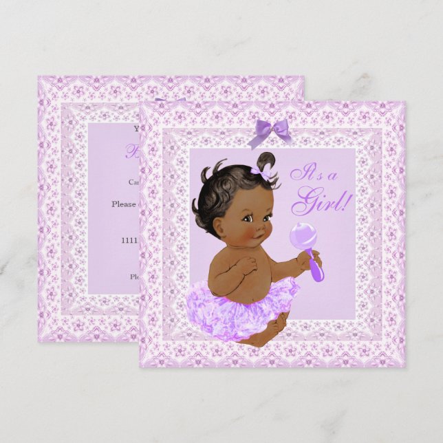 Baby Shower Girl Pretty Lavender Lace Ethnic Invitation (Front/Back)