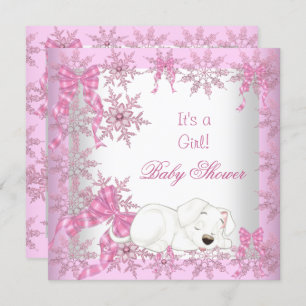 Baby Shower Girl Pretty Pink Snowflakes Puppy 2 Invitation