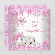 Baby Shower Girl Pretty Pink Snowflakes Puppy Invitation