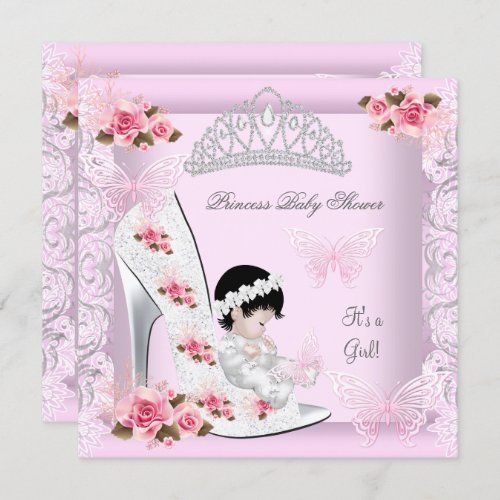 Baby Shower Girl Princess Butterfly Shoe Pink Rose Invitation