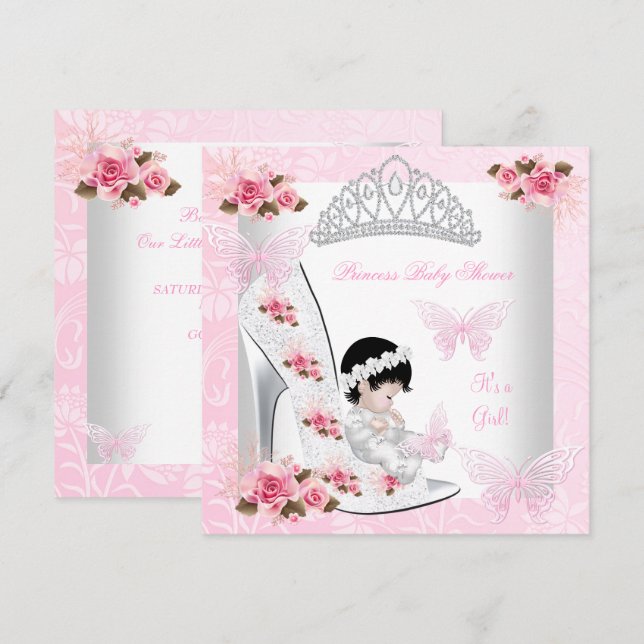 Baby Shower Girl Princess Butterfly Shoe Pink Rose Invitation (Front/Back)