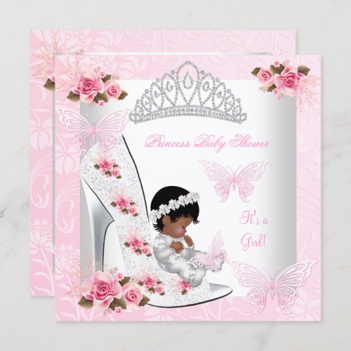 Baby Shower Girl Princess Butterfly Shoe Pink Rose Invitation