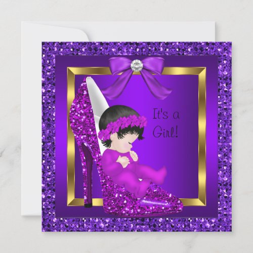 Baby Shower Girl Purple Glitter Shoe Invitations