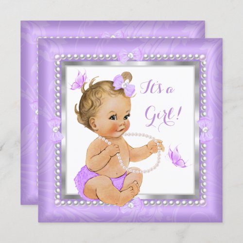 Baby Shower Girl Purple Pearl Butterfly Blonde Invitation