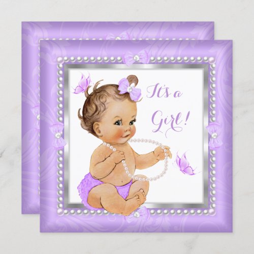 Baby Shower Girl Purple Pearl Butterfly Brunette Invitation