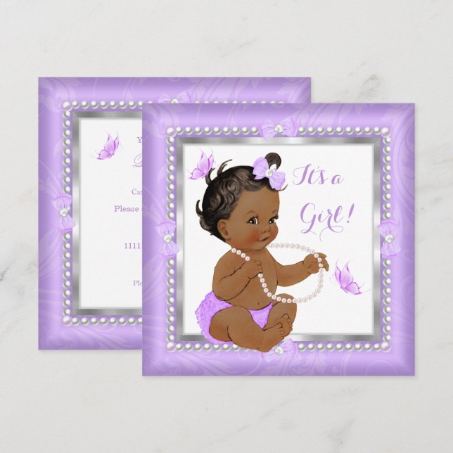Baby Shower Girl Purple Pearl Butterfly Ethnic Invitation (Front/Back)