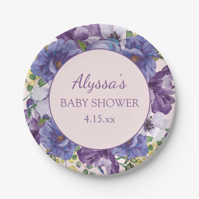 Baby Shower Girl Purple Pink Yellow Floral Paper Plates (Front)