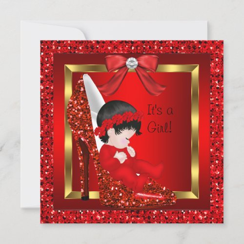 Baby Shower Girl Red Glitter Shoe Announcement