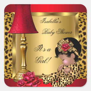 Baby Shower Girl Red Gold Roses Leopard AA Square Sticker