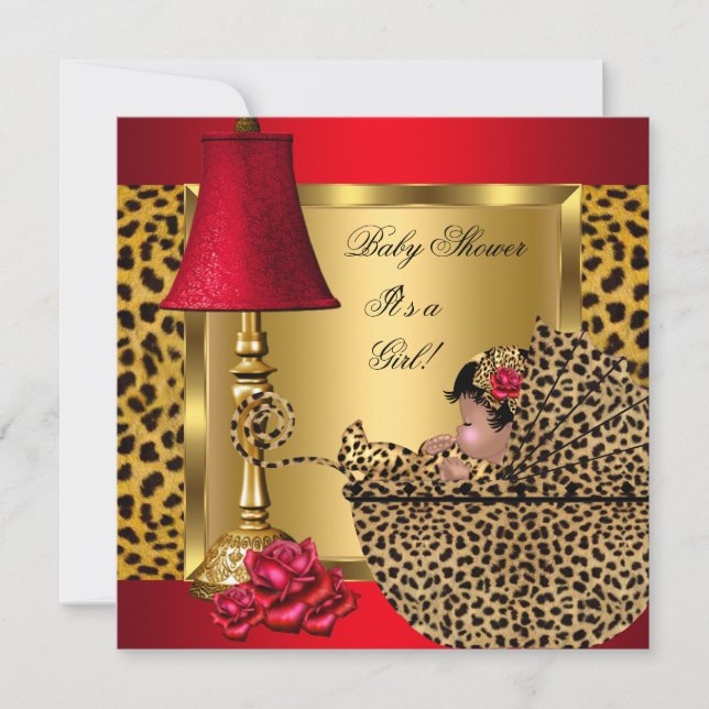 Baby Shower Girl Red Gold Roses Leopard Pram AA Invitation (Front)