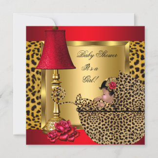 Baby Shower Girl Red Gold Roses Leopard Pram AA Invitation