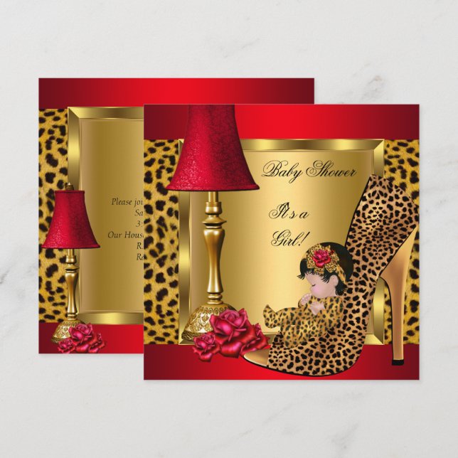 Baby Shower Girl Red Gold Roses Leopard Shoe 1 Invitation (Front/Back)