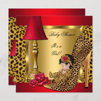 Baby Shower Girl Red Gold Roses Leopard Shoe 1 Invitation