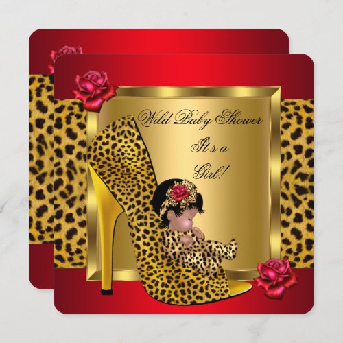 Baby Shower Girl Red Gold Roses Wild Leopard Invitation