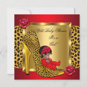 Baby Shower Girl Red Roses Gold Wild Leopard 2 Invitation