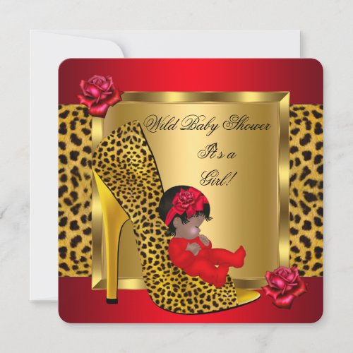 Baby Shower Girl Red Roses Gold Wild Leopard 2 Invitation