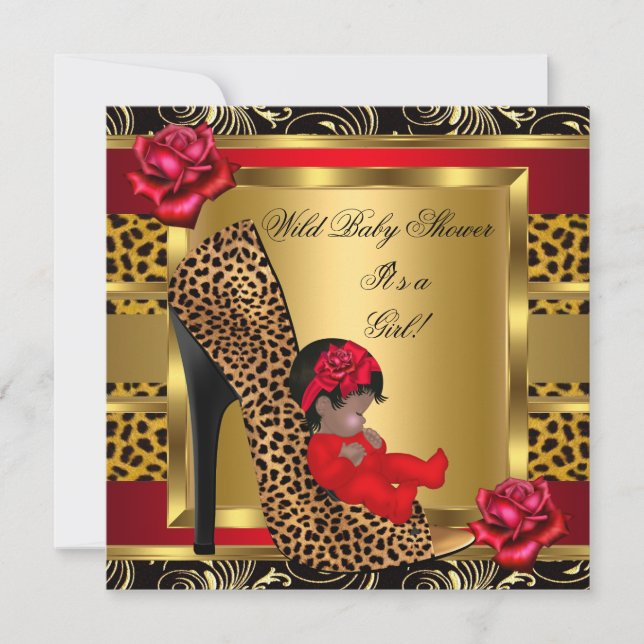 Baby Shower Girl Red Roses Gold Wild Leopard 3 Invitation (Front)
