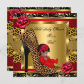 Baby Shower Girl Red Roses Gold Wild Leopard 3 Invitation (Front/Back)