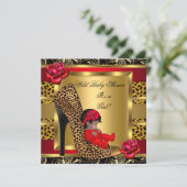 Baby Shower Girl Red Roses Gold Wild Leopard 3 Invitation (Standing Front)