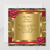 Baby Shower Girl Red Roses Gold Wild Leopard 3 Invitation (Back)