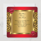 Baby Shower Girl Red Roses Gold Wild Leopard 3 Invitation (Back)
