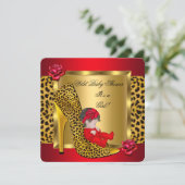 Baby Shower Girl Red Roses Gold Wild Leopard 3 Invitation (Standing Front)