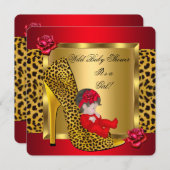 Baby Shower Girl Red Roses Gold Wild Leopard 3 Invitation (Front/Back)