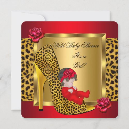 Baby Shower Girl Red Roses Gold Wild Leopard 3 Invitation