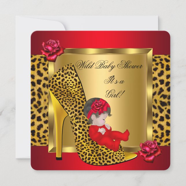 Baby Shower Girl Red Roses Gold Wild Leopard 3 Invitation (Front)