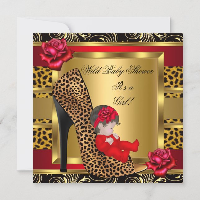 Baby Shower Girl Red Roses Gold Wild Leopard 3a Invitation (Front)