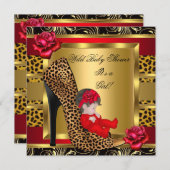 Baby Shower Girl Red Roses Gold Wild Leopard 3a Invitation (Front/Back)