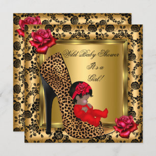 Baby Shower Girl Red Roses Gold Wild Leopard 4 Invitation
