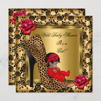 Baby Shower Girl Red Roses Gold Wild Leopard 4 Invitation