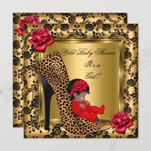 Baby Shower Girl Red Roses Gold Wild Leopard 4 Invitation