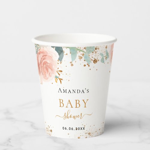 Baby Shower girl rose gold pink floral eucalyptus Paper Cups