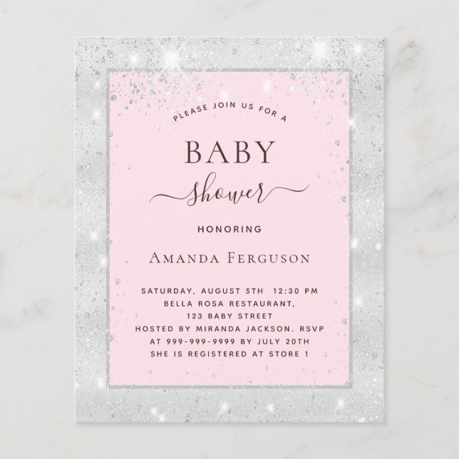 Baby shower girl silver blush pink glitter flyer (Front)